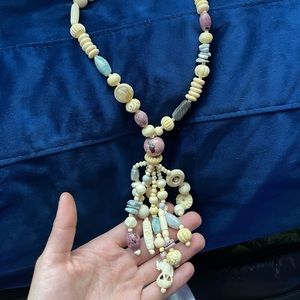 Vintage Carved Elephant Necklace • Natural Stone Beads